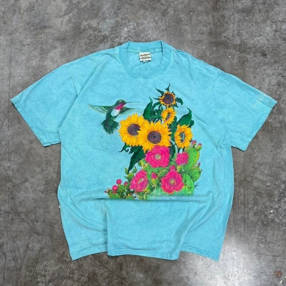 Vintage 90s Ragtops Hummingbird & Flower Portrait Tee Size XL